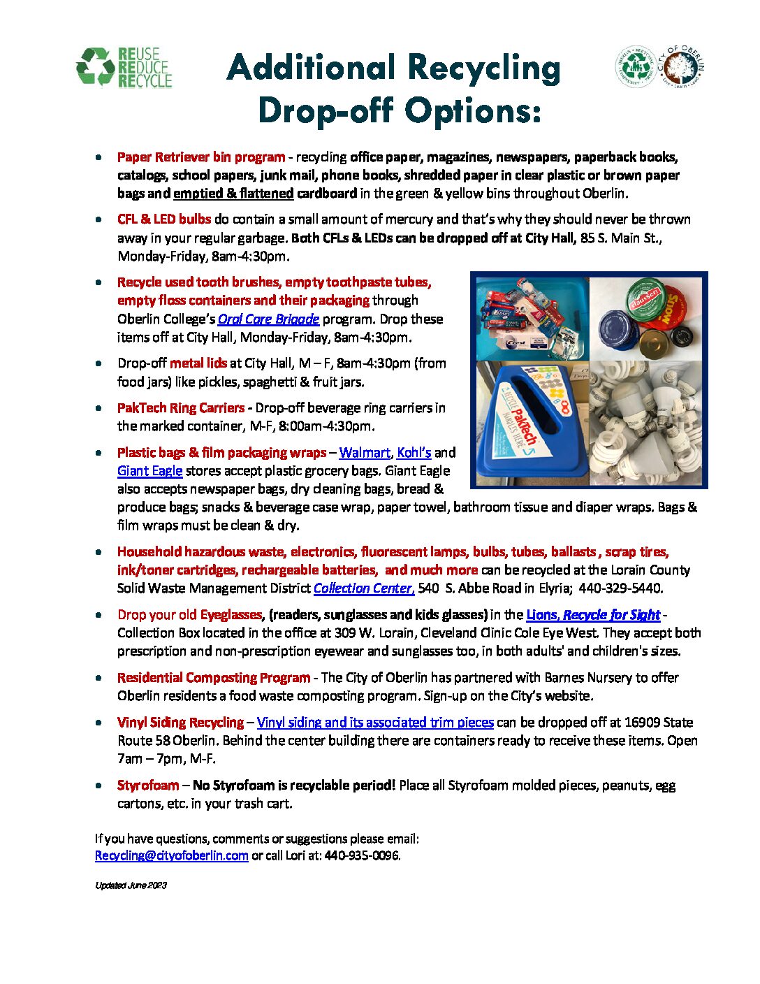 2023 updated additional recycling dropoff options City of Oberlin